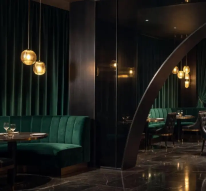 Cinematikus hangulatú, félhomályos étterem és póker lounge elegáns enteriőrrel
