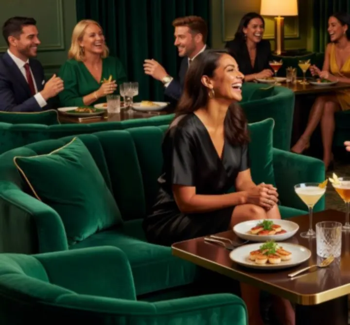 Látványos fotómontázs a lounge enteriőréről, gourmet fogásokról és társasági eseményekről