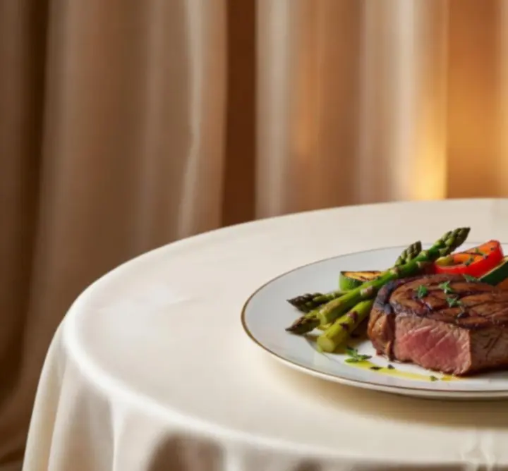 Gourmet steak körettel és szószokkal, fine dining tálalásban
