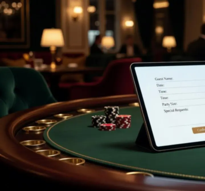 Elegáns online póker foglalási felület megjelenítése egy sötét tónusú laptop képernyőjén