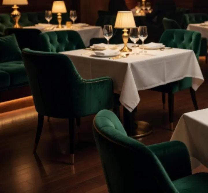 Luxus éttermi enteriőr meghitt fényekkel és elegáns asztalokkal a Hopidushi Korlátolt Felelősségű Társaságban
