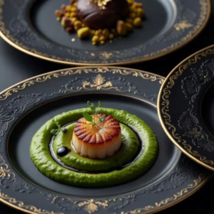 Közelről fotózott, elegáns gourmet fogások modern tálalással