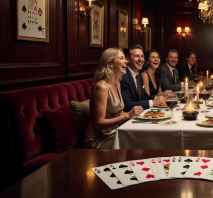 Elegáns éttermi és póker lounge enteriőr, vendégek esti hangulatban