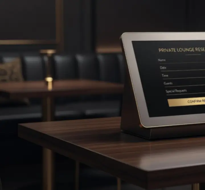 Elegáns online VIP foglalási űrlap megjelenése sötét, cinematic hangulatú háttéren